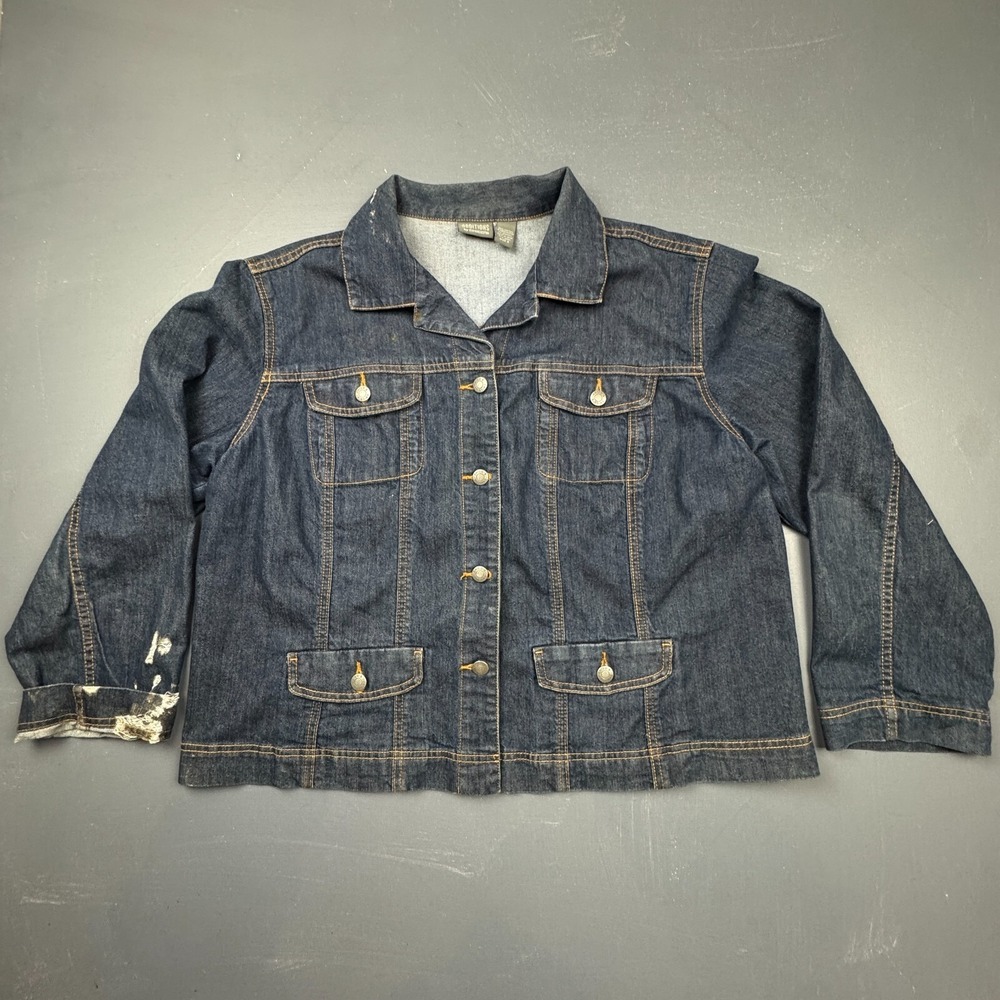 Chico's Women's Size 3 Dark Wash Denim Jacket Distressed Button Front Casual Zip